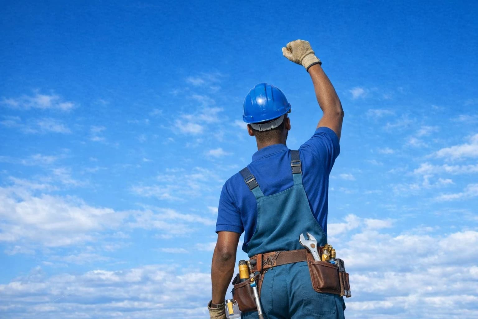 Un professionnel en tenue de travail, casque bleu et ceinture à outils, le poing levé